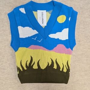Collusion Blue Landscape Scene Graphic Knit Sweater Vest Size XS